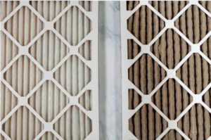 Side-by-side comparison of a clean and a dirty air filter to show the effectiveness of regular maintenance.